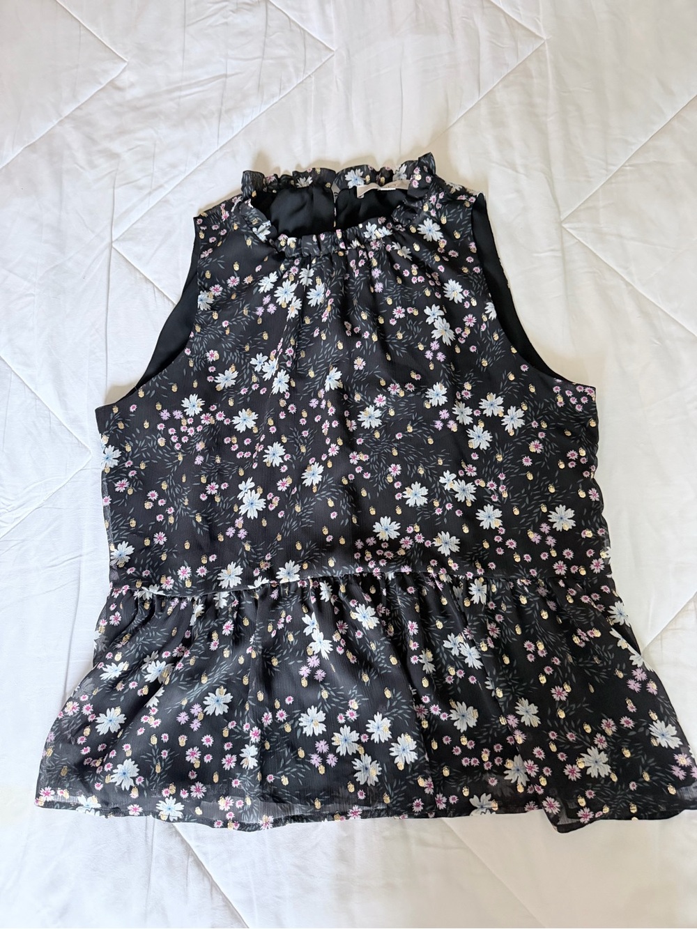 Loft Women’s Black Floral Ruffle-Neck Peplum Tank Top - Picture 1 of 4